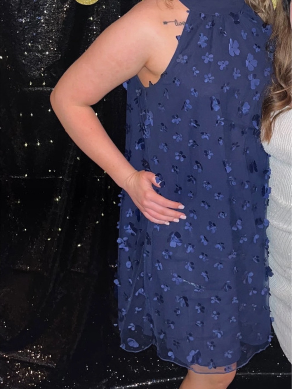 Sleeveless Navy Blue Floral Appliqué Formal Dress